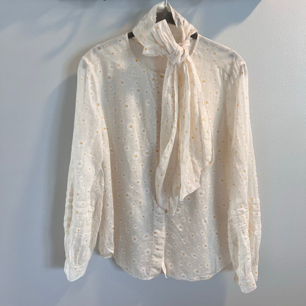 Tory Burch Hayden Ivory Daisy Print Organza Tie Neck Button Front Blouse Size 10